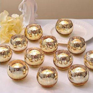 Set of 12 - Gold Mercury Glass Tealights / Votive Candle Holders - Centerpiece
